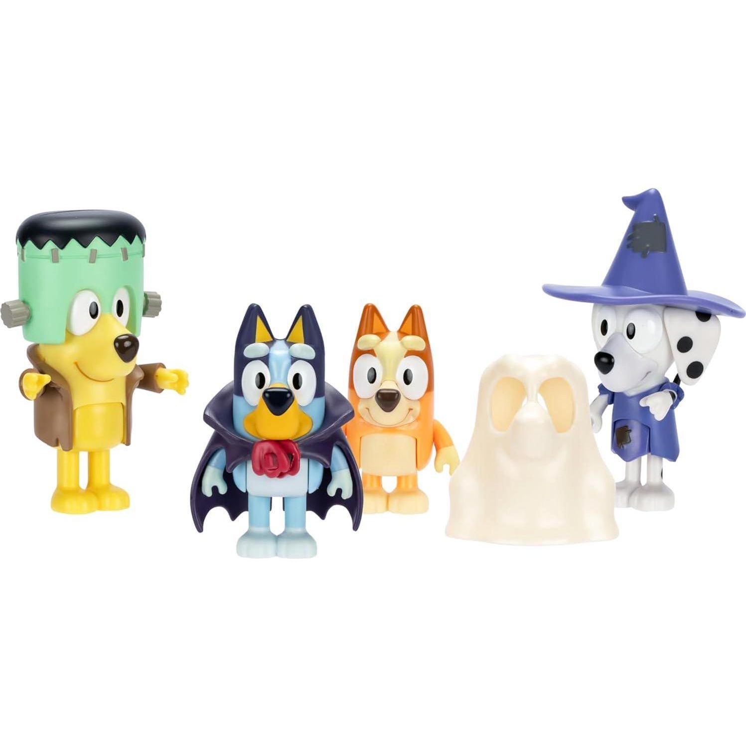 Bluey Figure 4-Packs, Halloween, 2.5 Poseable Figures Of Bluey, Bingo, Chloe And Lucky Dressed In Halloween Costumes, With Accessories, Kids Can Recreate Their Favorite Moments From The Bluey TV Show,