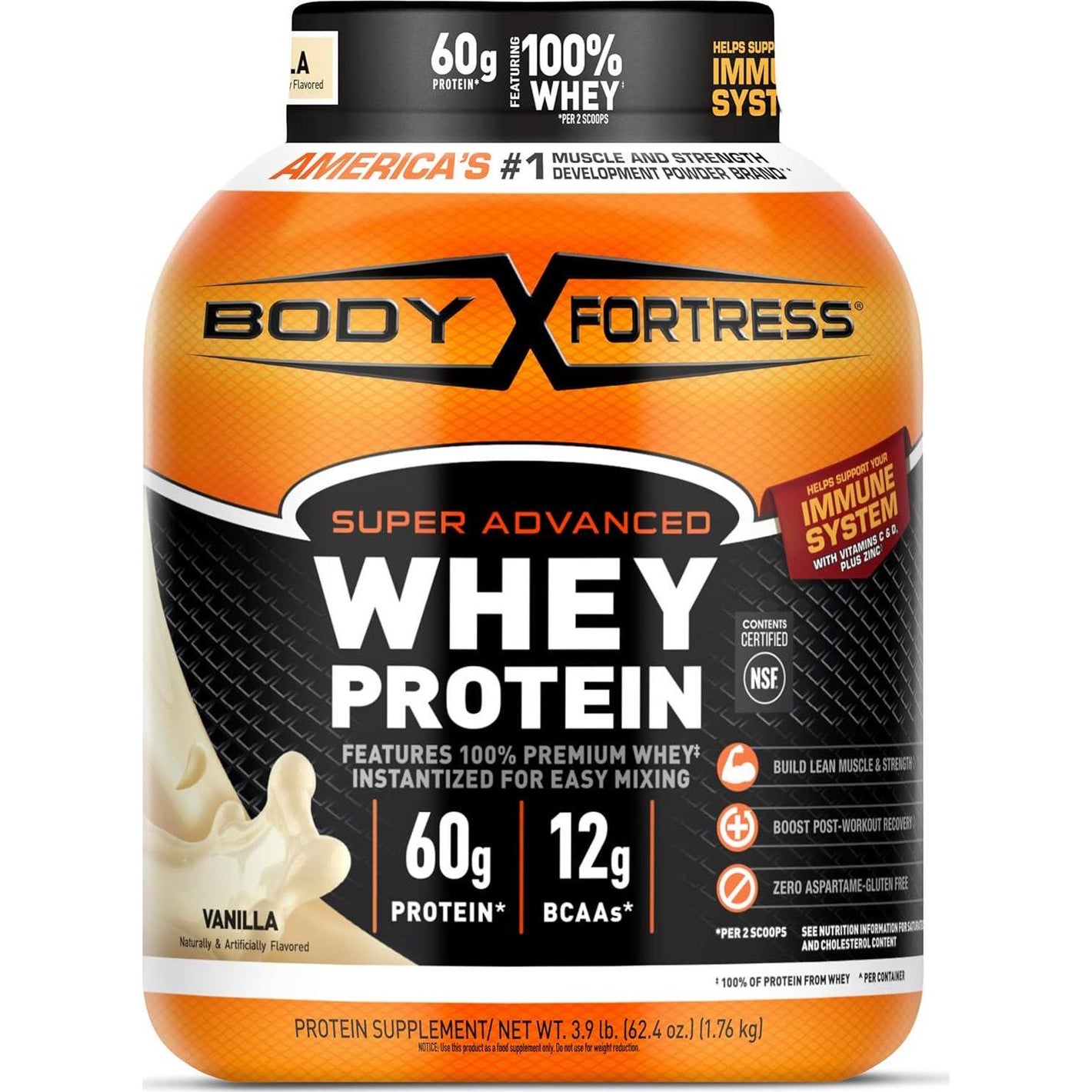Body Fortress Body Fortress Super Advanced Whey Protein Powder, Vanilla, Immune Support (1), Vitamins C And D Plus Zinc, 3.9 Lbs.