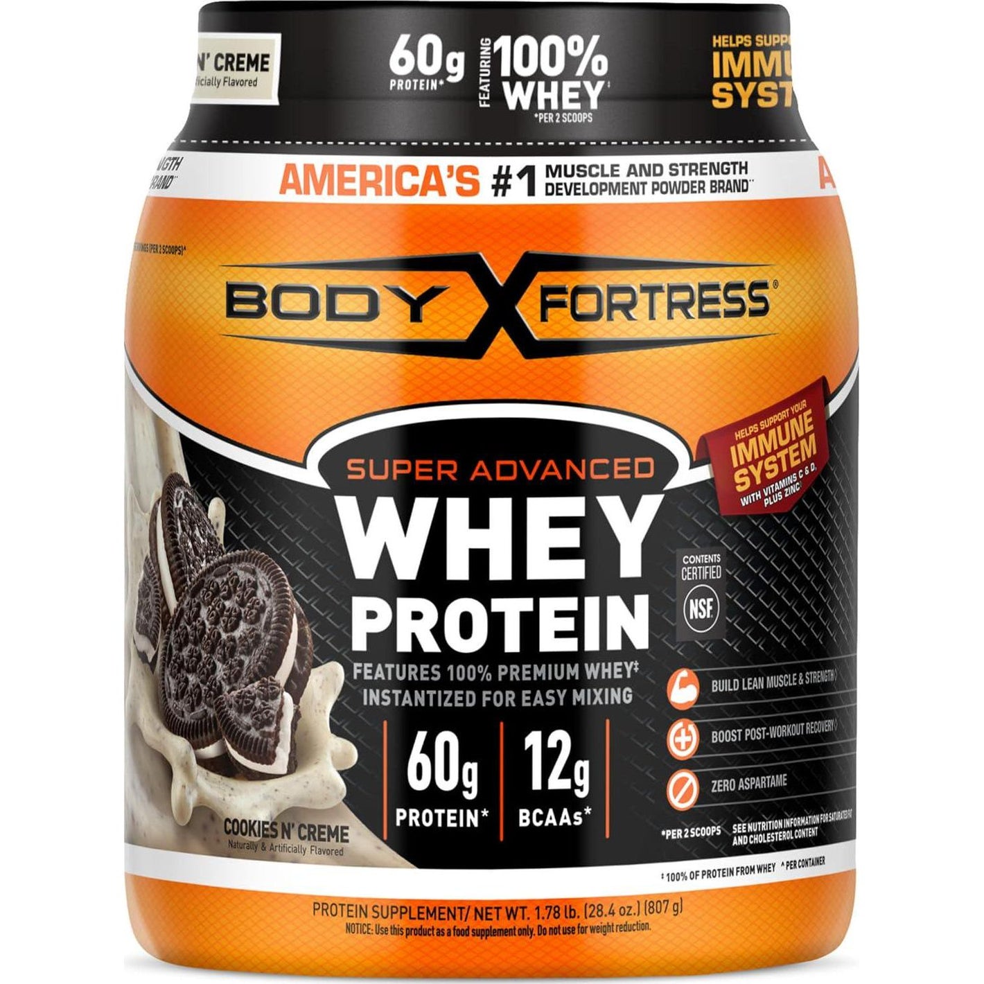 Body Fortress Body Fortress Super Advanced Whey Protein Powder, Cookies N Creme, 60g Protein And 12g BCAAs Per 2 Scoops, Muscle Gain And Recovery, Immune Support With Vitamins C And D, 1.78lbs (Packaging May Vary)