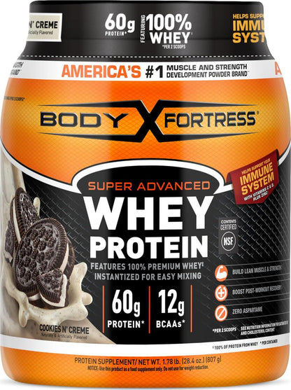 Body Fortress Body Fortress Super Advanced Whey Protein Powder, Cookies N Creme, 60g Protein And 12g BCAAs Per 2 Scoops, Muscle Gain And Recovery, Immune Support With Vitamins C And D, 1.78lbs (Packaging May Vary)