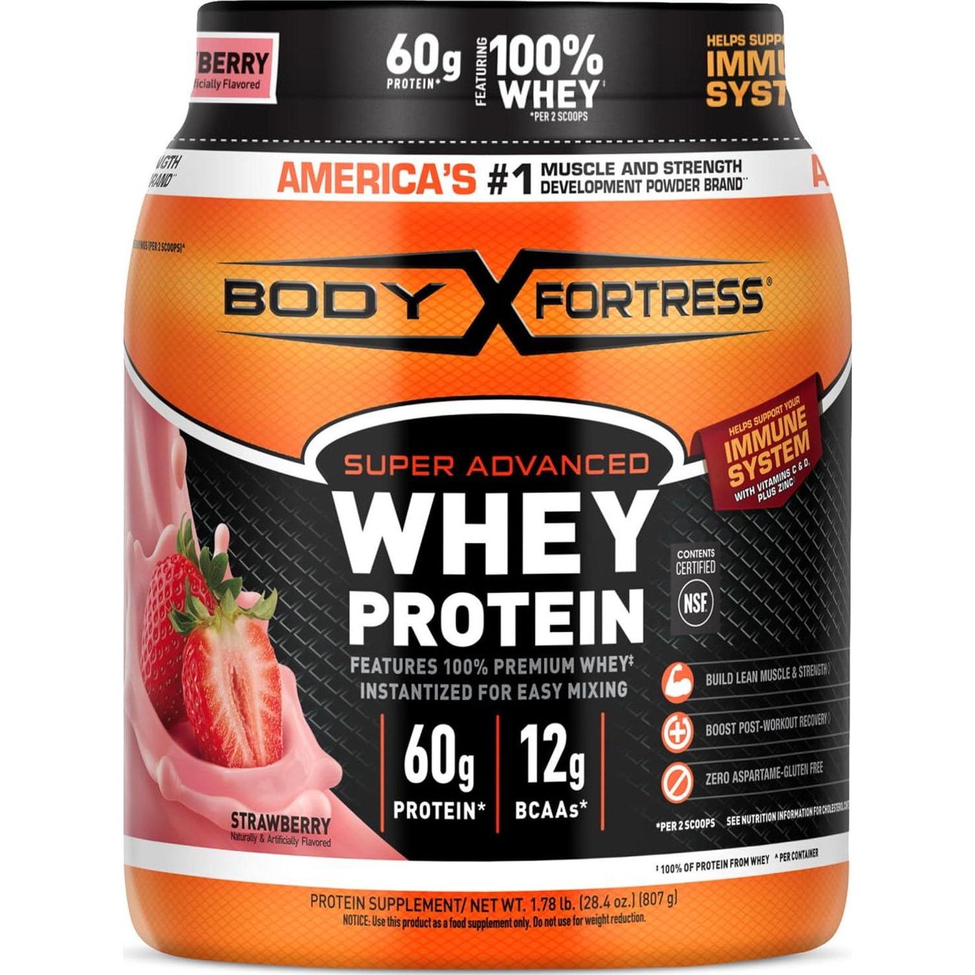 Body Fortress Body Fortress Super Advanced Whey Protein Powder, Strawberry, Immune Support (1), Vitamins C And D Plus Zinc, 1.78 Lbs