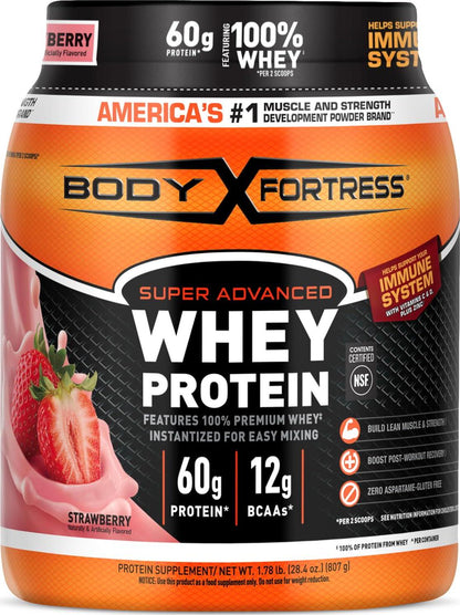 Body Fortress Body Fortress Super Advanced Whey Protein Powder, Strawberry, Immune Support (1), Vitamins C And D Plus Zinc, 1.78 Lbs