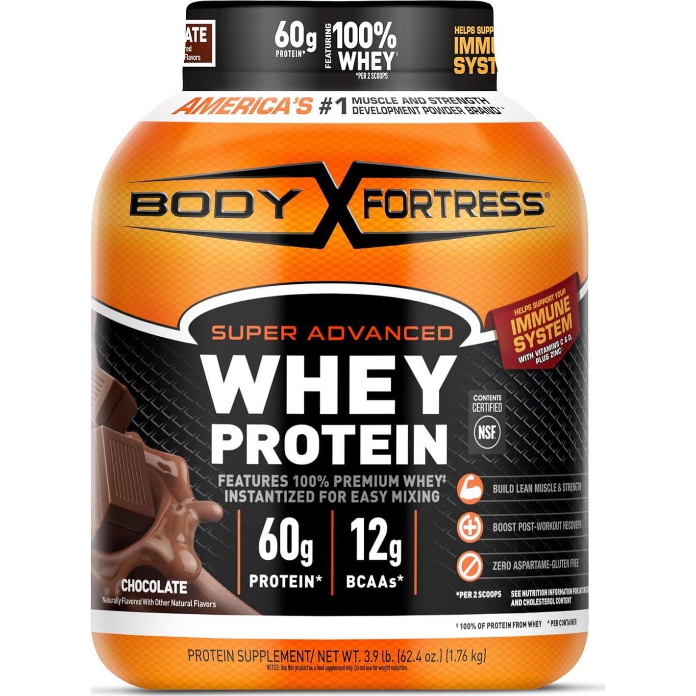 Body Fortress Body Fortress Super Advanced Whey Protein Powder, Chocolate, Immune Support (1), Vitamins C And D Plus Zinc, 3.9 Lbs.