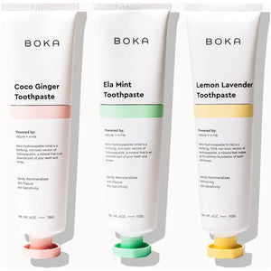 Boka Fluoride-Free Toothpaste with Nano Hydroxyapatite Sensitive Teeth Whitening, Ela Mint, Coco Ginger, Lemon Lavender 3-Pack