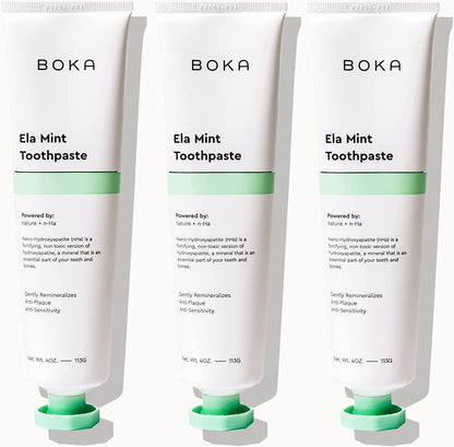 Boka Boka Fluoride Free Toothpaste Nano Hydroxyapatite, Helps Remineralize, Appropriate For Sensitive Teeth, Whitening - For Adult, Kids Oral Care - Ela Mint Flavor, 4 Fl Oz 3Pk - US Manufactured
