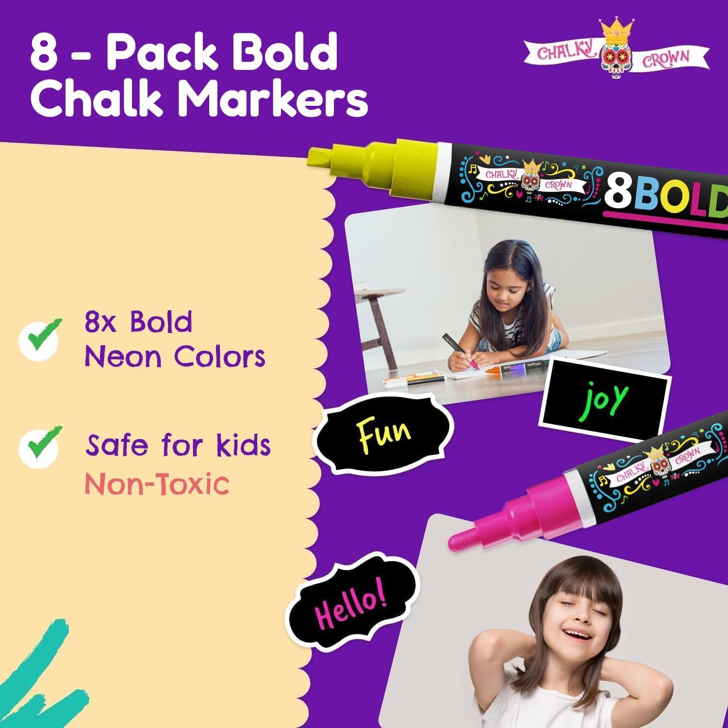 Bold Liquid Chalk Markers - Dry Erase Marker Pens For Chalkboards, Signs, Windows, Blackboard, Glass, Mirrors - Chalkboard Markers With Reversible Tip (8 Pack) - (Multicolored, 6mm),