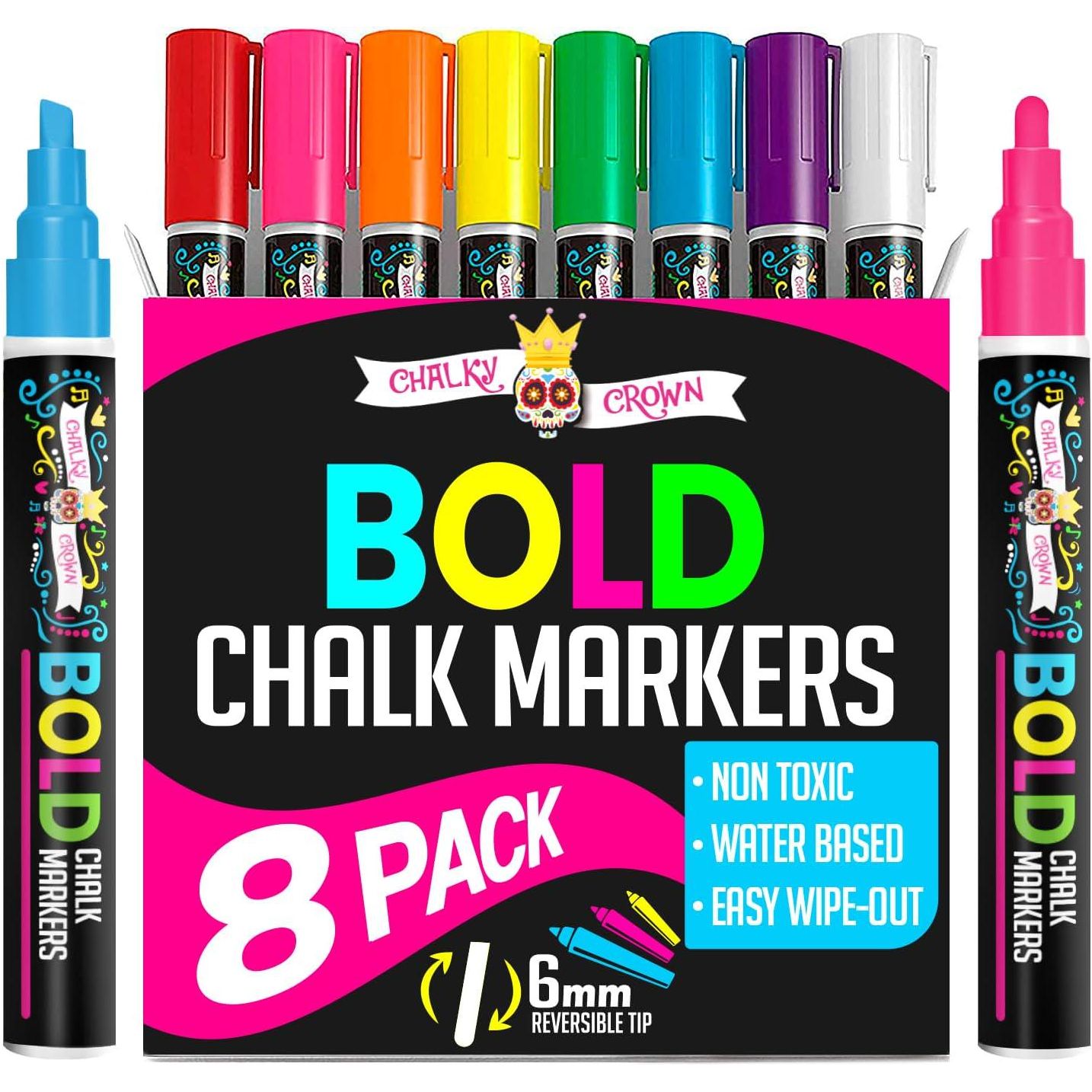 Bold Liquid Chalk Markers - Dry Erase Marker Pens For Chalkboards, Signs, Windows, Blackboard, Glass, Mirrors - Chalkboard Markers With Reversible Tip (8 Pack) - (Multicolored, 6mm),