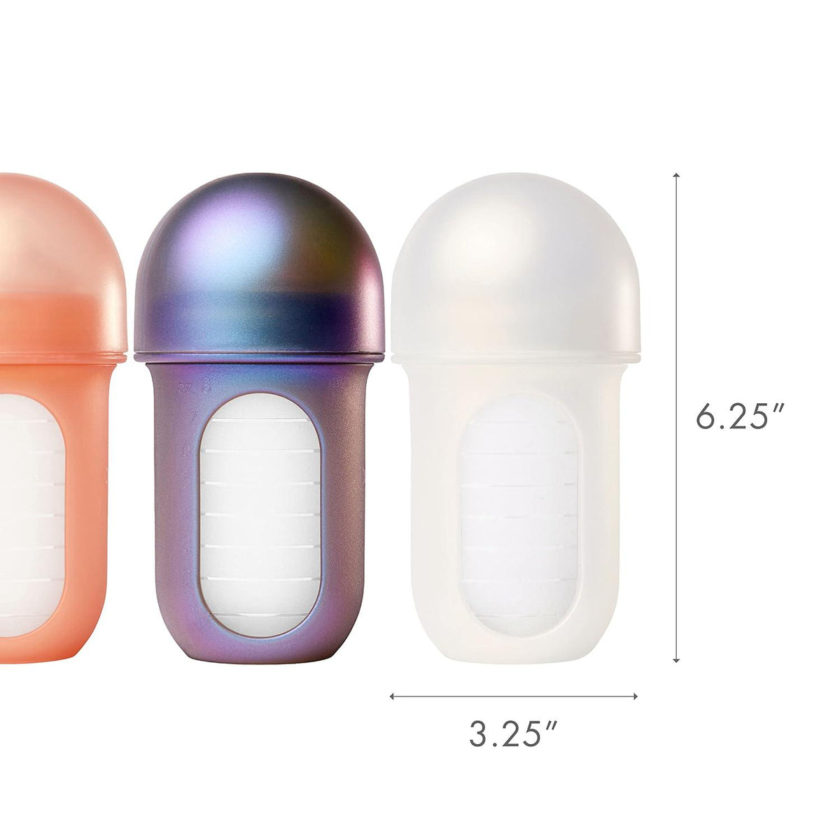Boon Nursh Reusable Silicone Pouch Baby Bottles - Medium Flow Nipple - Silicone Baby Bottle Pouch And Nipple - Baby Feeding Essentials - Metallic - 3-6 Months - 3 Count - 8 Ounce,