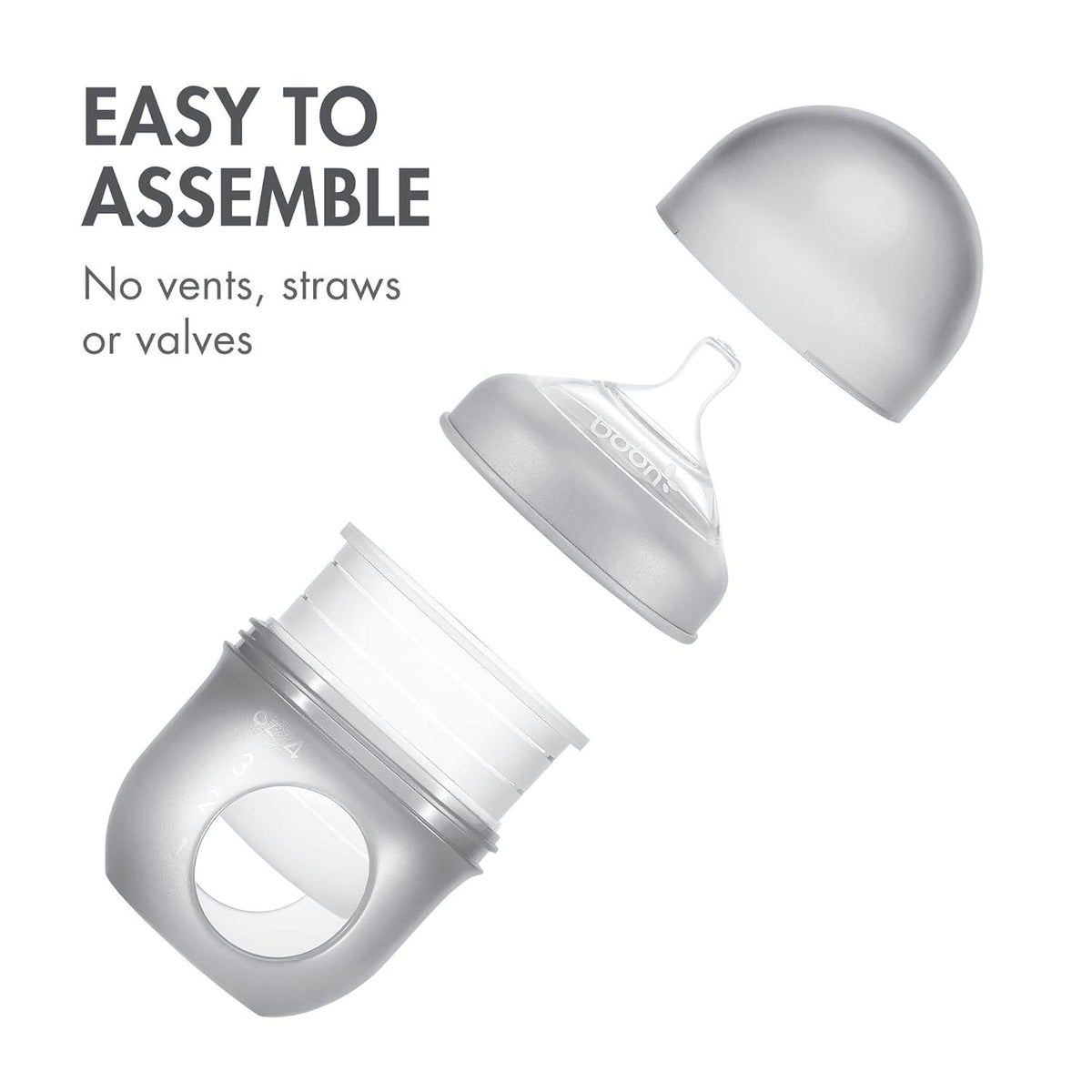Boon Nursh Reusable Silicone Pouch Baby Bottles - Slow Flow Nipple - Silicone Baby Bottle Pouch And Nipple - Baby Feeding Essentials - Gray - 0-3 Months - 3 Count - 4 Ounce,