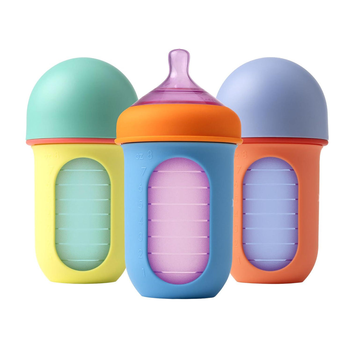 Boon Nursh Reusable Silicone Pouch Baby Bottles - Medium Flow Nipple - Silicone Baby Bottle Pouch And Nipple - Baby Feeding Essentials - Color Block - 3-6 Months - 3 Count - 8 Ounce,