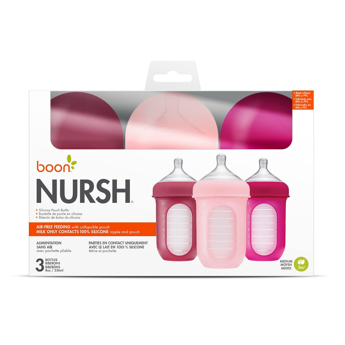 Boon Nursh Reusable Silicone Pouch Baby Bottles - Medium Flow Nipple - Silicone Baby Bottle Pouch And Nipple - Baby Feeding Essentials - Pink - 3-6 Months - 3 Count - 8 Ounce,