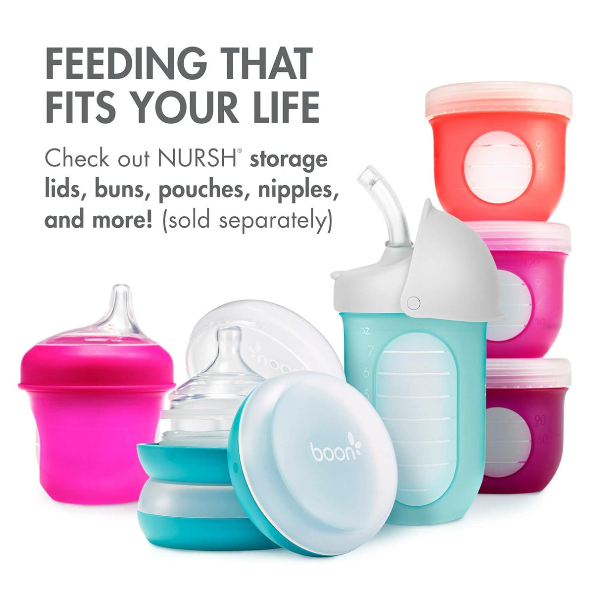 Boon Nursh Reusable Silicone Pouch Baby Bottles - Slow Flow Nipple - Silicone Baby Bottle Pouch And Nipple - Baby Feeding Essentials - Gray - 0-3 Months - 3 Count - 4 Ounce,