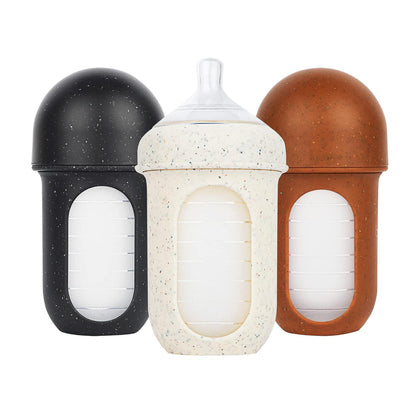 Boon Nursh Reusable Silicone Pouch Baby Bottles - Medium Flow Nipple - Silicone Baby Bottle Pouch And Nipple - Baby Feeding Essentials - Speckle - 3-6 Months - 3 Count - 8 Ounce,