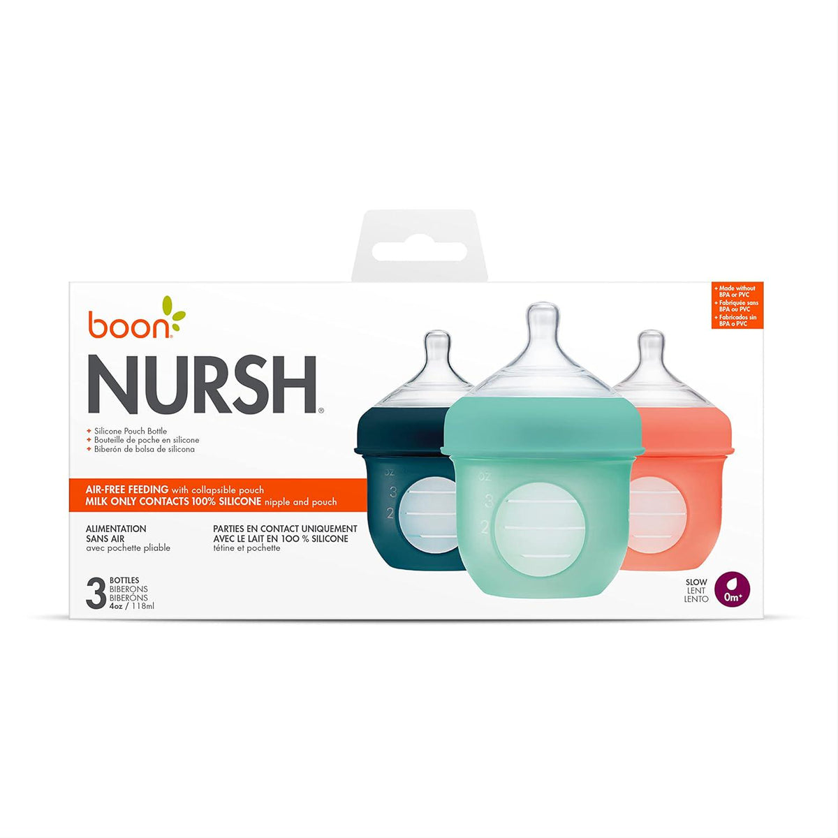 Boon Nursh Reusable Silicone Pouch Baby Bottles - Slow Flow Nipple - Silicone Baby Bottle Pouch And Nipple - Baby Feeding Essentials - Mint - 0-3 Months - 3 Count - 4 Ounce,