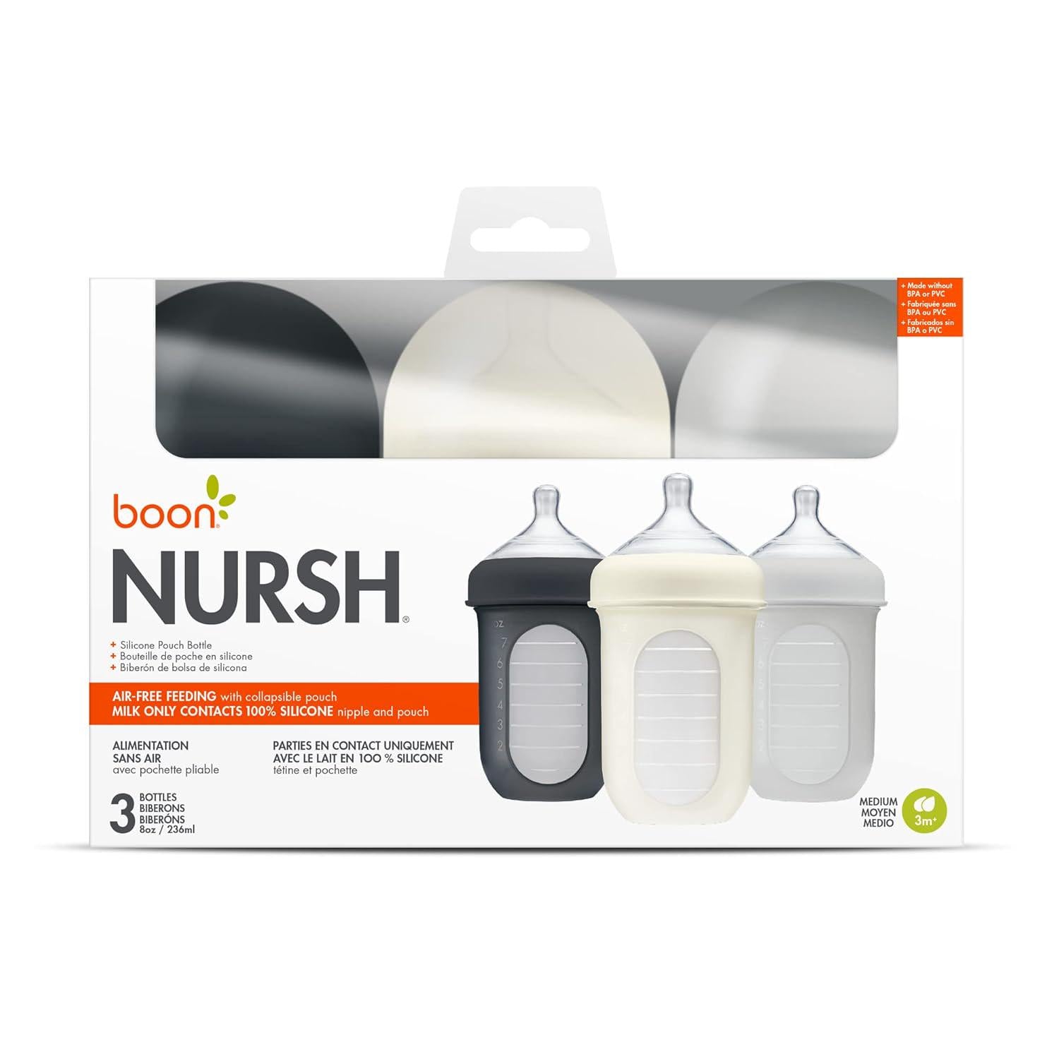 Boon Nursh Reusable Silicone Pouch Baby Bottles - Medium Flow Nipple - Silicone Baby Bottle Pouch And Nipple - Baby Feeding Essentials - Gray - 3-6 Months - 3 Count - 8 Ounce,