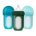 Boon Nursh Reusable Silicone Pouch Baby Bottles - Medium Flow Nipple - Silicone Baby Bottle Pouch And Nipple - Baby Feeding Essentials - Blue - 3-6 Months - 3 Count - 8 Ounce,