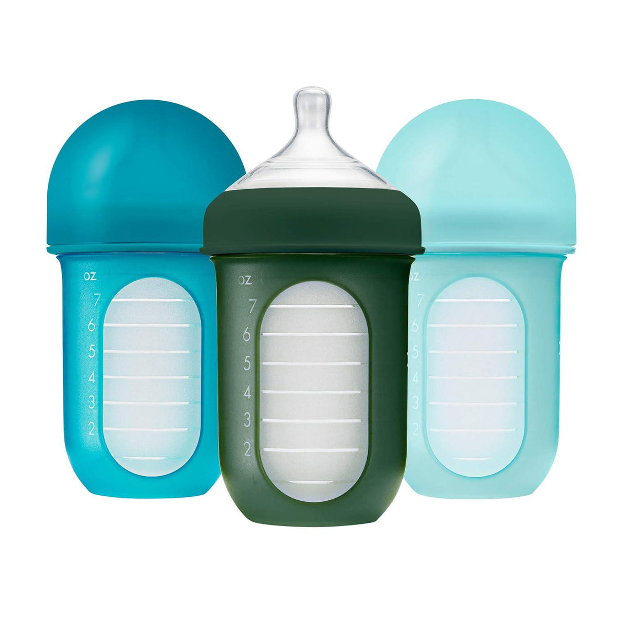 Boon Nursh Reusable Silicone Pouch Baby Bottles - Medium Flow Nipple - Silicone Baby Bottle Pouch And Nipple - Baby Feeding Essentials - Blue - 3-6 Months - 3 Count - 8 Ounce,