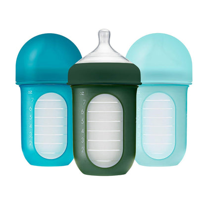 Boon Nursh Reusable Silicone Pouch Baby Bottles - Medium Flow Nipple - Silicone Baby Bottle Pouch And Nipple - Baby Feeding Essentials - Blue - 3-6 Months - 3 Count - 8 Ounce,
