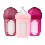 Boon Nursh Reusable Silicone Pouch Baby Bottles - Medium Flow Nipple - Silicone Baby Bottle Pouch And Nipple - Baby Feeding Essentials - Pink - 3-6 Months - 3 Count - 8 Ounce,