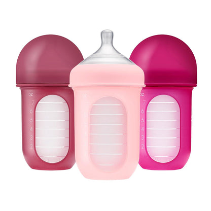 Boon Nursh Reusable Silicone Pouch Baby Bottles - Medium Flow Nipple - Silicone Baby Bottle Pouch And Nipple - Baby Feeding Essentials - Pink - 3-6 Months - 3 Count - 8 Ounce,