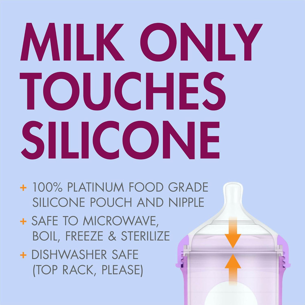Boon Nursh Reusable Silicone Pouch Baby Bottles - Medium Flow Nipple - Silicone Baby Bottle Pouch And Nipple - Baby Feeding Essentials - Metallic - 3-6 Months - 3 Count - 8 Ounce,