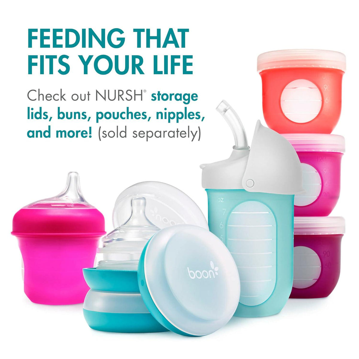 Boon Nursh Reusable Silicone Pouch Baby Bottles - Medium Flow Nipple - Silicone Baby Bottle Pouch And Nipple - Baby Feeding Essentials - Blue - 3-6 Months - 3 Count - 8 Ounce,