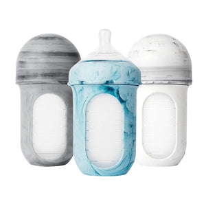 Boon Nursh Reusable Silicone Pouch Baby Bottles - Medium Flow Nipple - Silicone Baby Bottle Pouch And Nipple - Baby Feeding Essentials - Tie Dye - 3-6 Months - 3 Count - 8 Ounce,