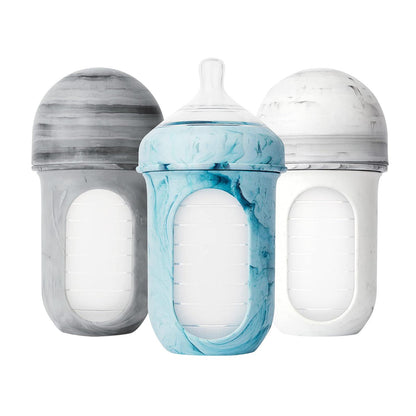 Boon Nursh Reusable Silicone Pouch Baby Bottles - Medium Flow Nipple - Silicone Baby Bottle Pouch And Nipple - Baby Feeding Essentials - Tie Dye - 3-6 Months - 3 Count - 8 Ounce,
