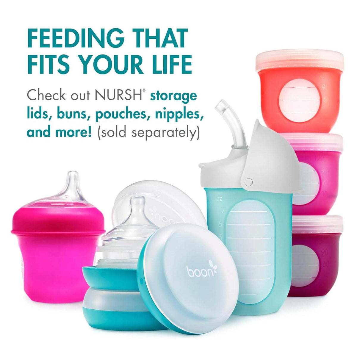 Boon Nursh Reusable Silicone Pouch Baby Bottles - Slow Flow Nipple - Silicone Baby Bottle Pouch And Nipple - Baby Feeding Essentials - Blue - 0-3 Months - 3 Count - 4 Ounce,