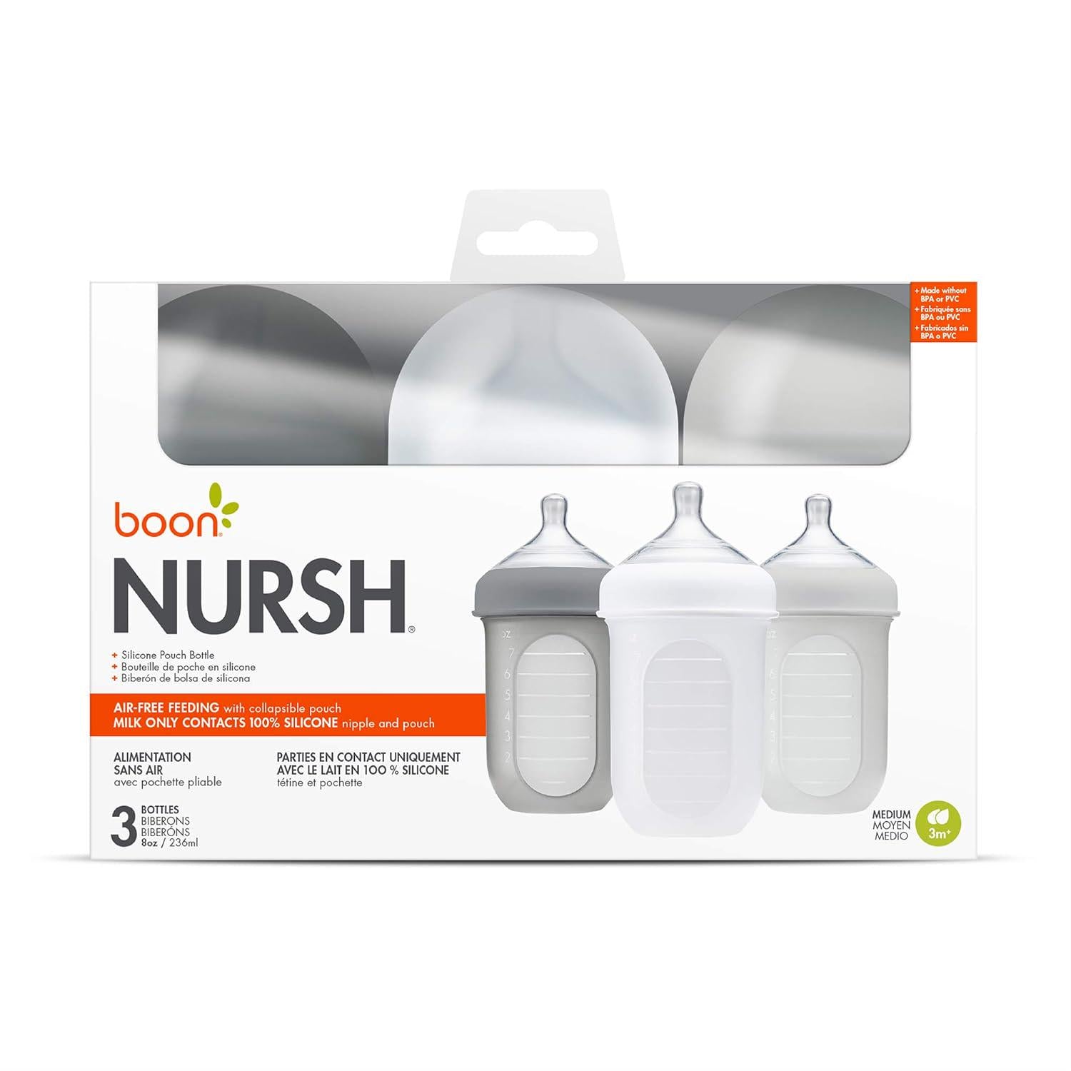 Boon Nursh Reusable Silicone Pouch Baby Bottles - Medium Flow Nipple - Silicone Baby Bottle Pouch And Nipple - Baby Feeding Essentials - Gray - 3-6 Months - 3 Count - 8 Ounce,