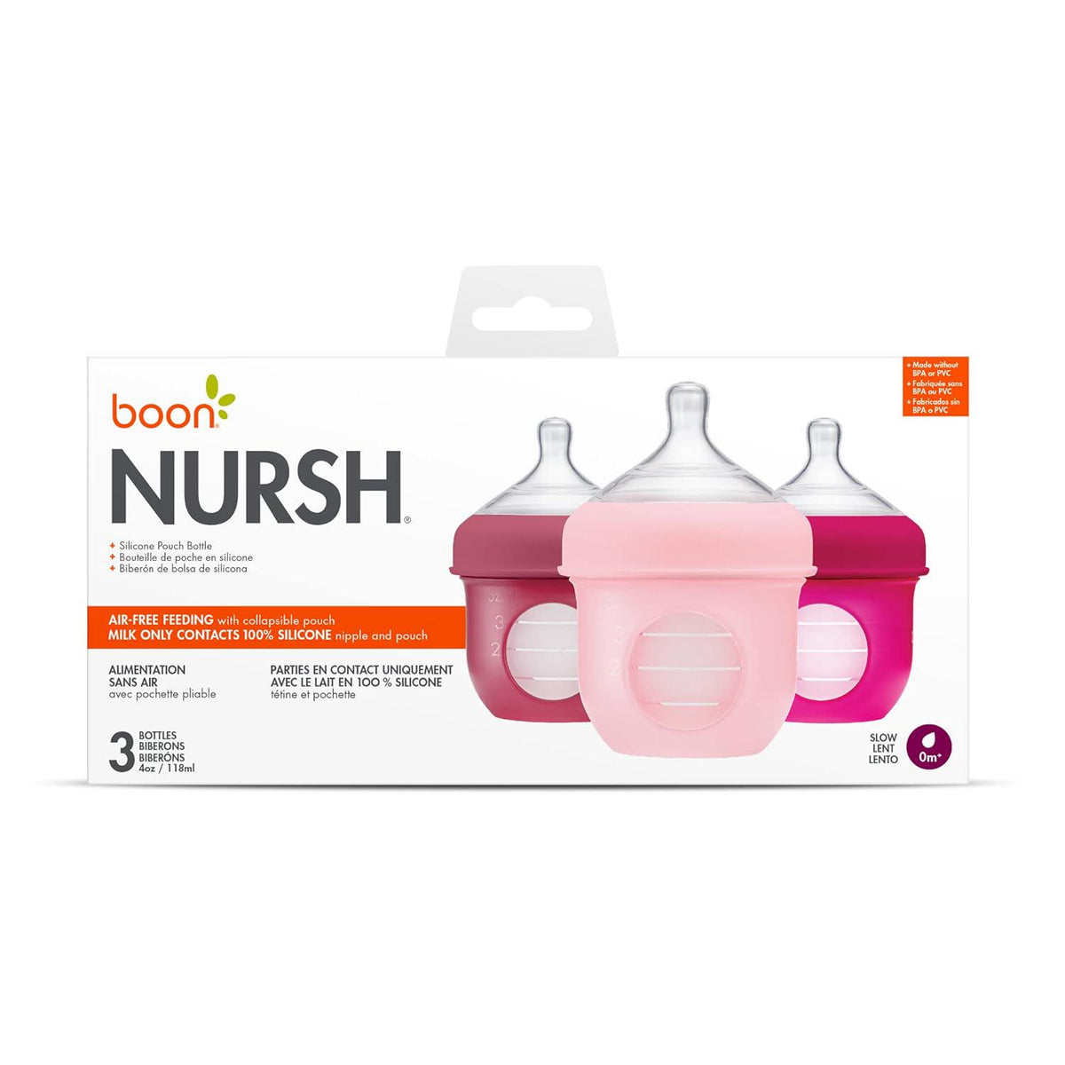 Boon Nursh Reusable Silicone Pouch Baby Bottles - Slow Flow Nipple - Silicone Baby Bottle Pouch And Nipple - Baby Feeding Essentials - Pink - 0-3 Months - 3 Count - 4 Ounce,