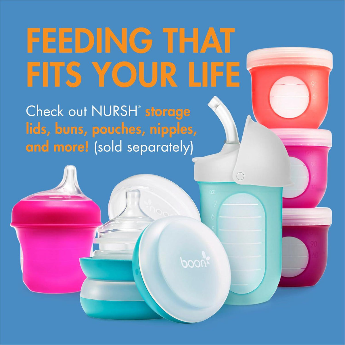 Boon Nursh Reusable Silicone Pouch Baby Bottles - Slow Flow Nipple - Silicone Baby Bottle Pouch And Nipple - Baby Feeding Essentials - Color Block - 0-3 Months - 3 Count - 4 Ounce,
