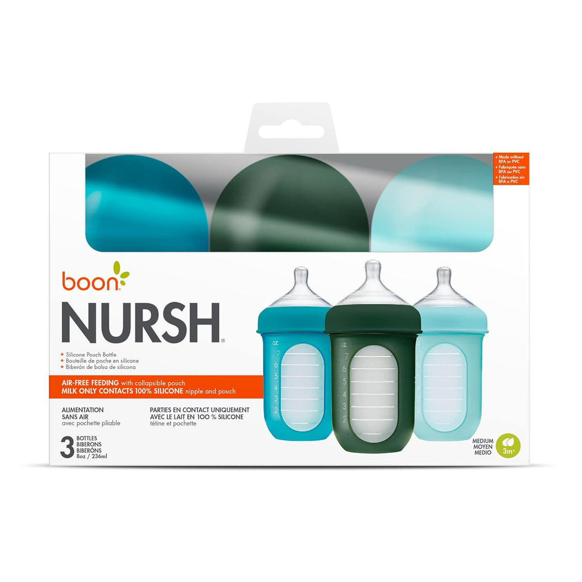 Boon Nursh Reusable Silicone Pouch Baby Bottles - Medium Flow Nipple - Silicone Baby Bottle Pouch And Nipple - Baby Feeding Essentials - Blue - 3-6 Months - 3 Count - 8 Ounce,