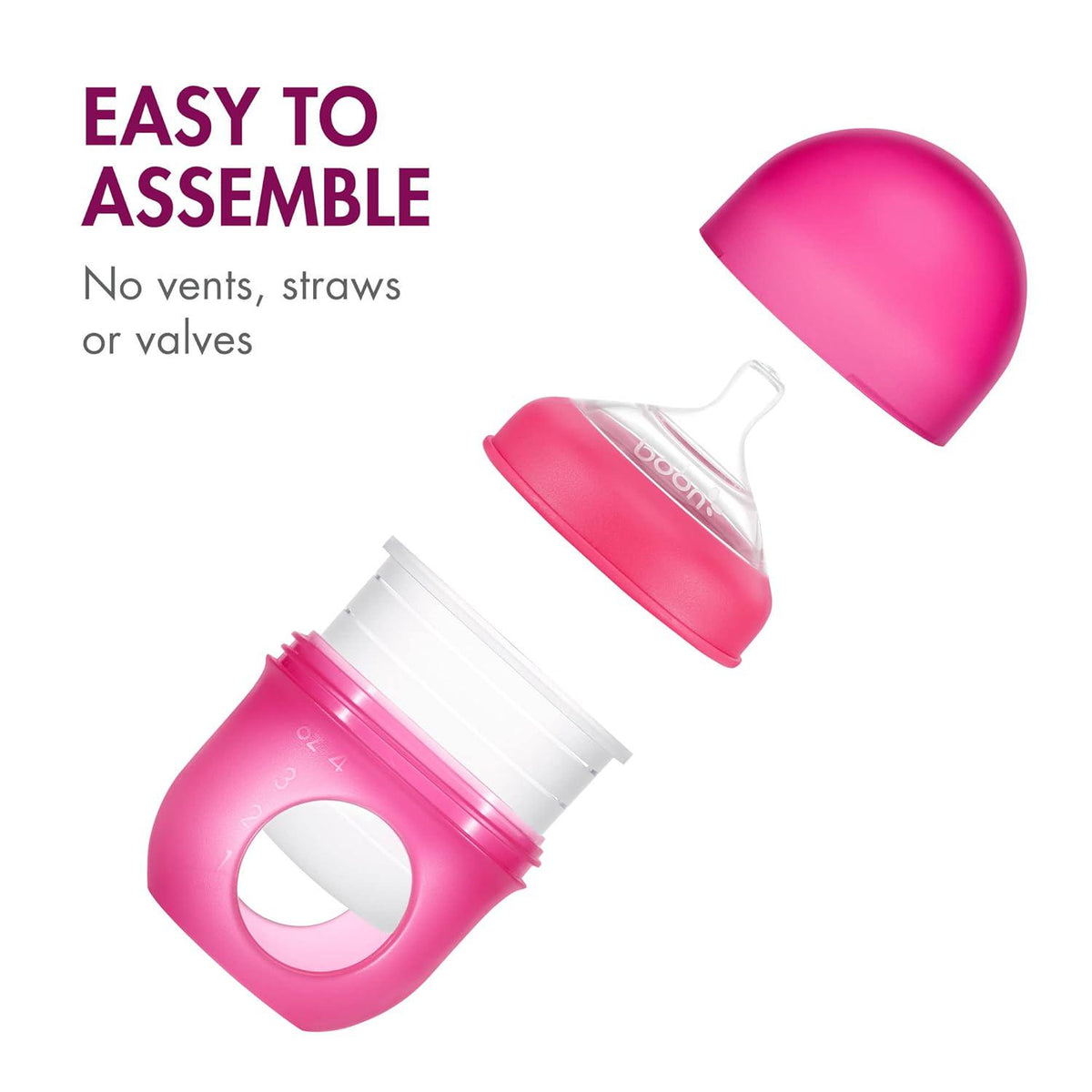 Boon Nursh Reusable Silicone Pouch Baby Bottles - Slow Flow Nipple - Silicone Baby Bottle Pouch And Nipple - Baby Feeding Essentials - Pink - 0-3 Months - 3 Count - 4 Ounce,