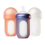 Boon Nursh Reusable Silicone Pouch Baby Bottles - Medium Flow Nipple - Silicone Baby Bottle Pouch And Nipple - Baby Feeding Essentials - Metallic - 3-6 Months - 3 Count - 8 Ounce,