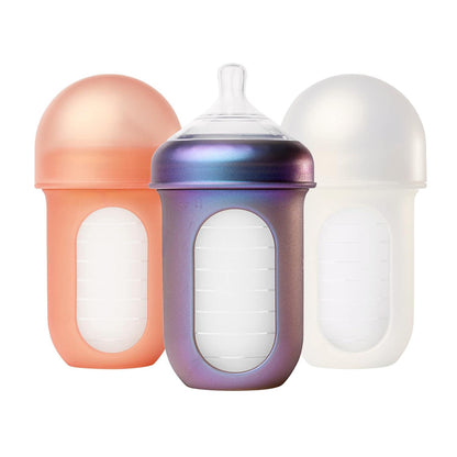 Boon Nursh Reusable Silicone Pouch Baby Bottles - Medium Flow Nipple - Silicone Baby Bottle Pouch And Nipple - Baby Feeding Essentials - Metallic - 3-6 Months - 3 Count - 8 Ounce,