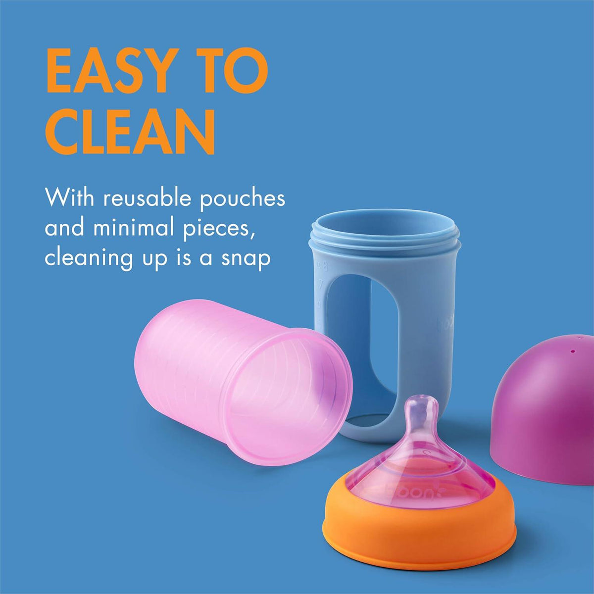 Boon Nursh Reusable Silicone Pouch Baby Bottles - Medium Flow Nipple - Silicone Baby Bottle Pouch And Nipple - Baby Feeding Essentials - Color Block - 3-6 Months - 3 Count - 8 Ounce,
