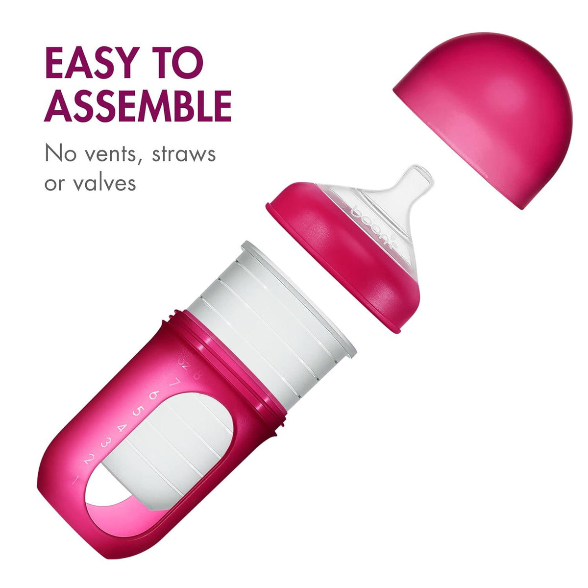 Boon Nursh Reusable Silicone Pouch Baby Bottles - Medium Flow Nipple - Silicone Baby Bottle Pouch And Nipple - Baby Feeding Essentials - Pink - 3-6 Months - 3 Count - 8 Ounce,