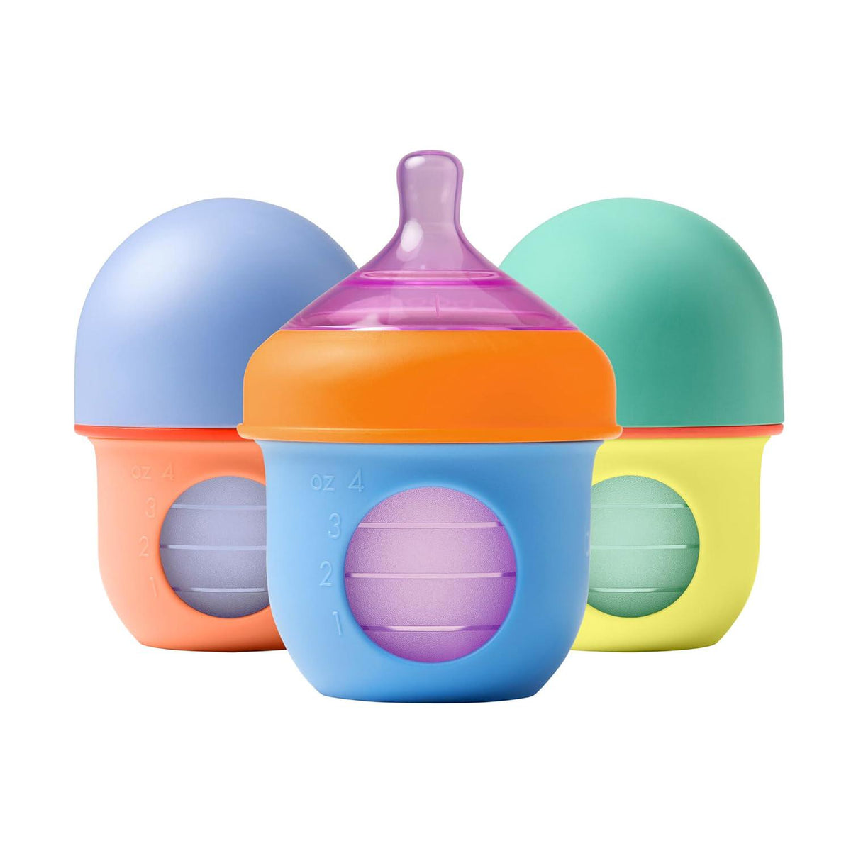 Boon Nursh Reusable Silicone Pouch Baby Bottles - Slow Flow Nipple - Silicone Baby Bottle Pouch And Nipple - Baby Feeding Essentials - Color Block - 0-3 Months - 3 Count - 4 Ounce,