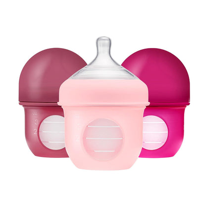 Boon Nursh Reusable Silicone Pouch Baby Bottles - Slow Flow Nipple - Silicone Baby Bottle Pouch And Nipple - Baby Feeding Essentials - Pink - 0-3 Months - 3 Count - 4 Ounce,