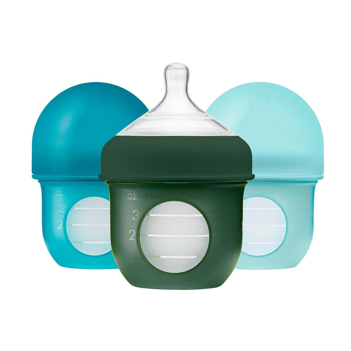 Boon Nursh Reusable Silicone Pouch Baby Bottles - Slow Flow Nipple - Silicone Baby Bottle Pouch And Nipple - Baby Feeding Essentials - Blue - 0-3 Months - 3 Count - 4 Ounce,