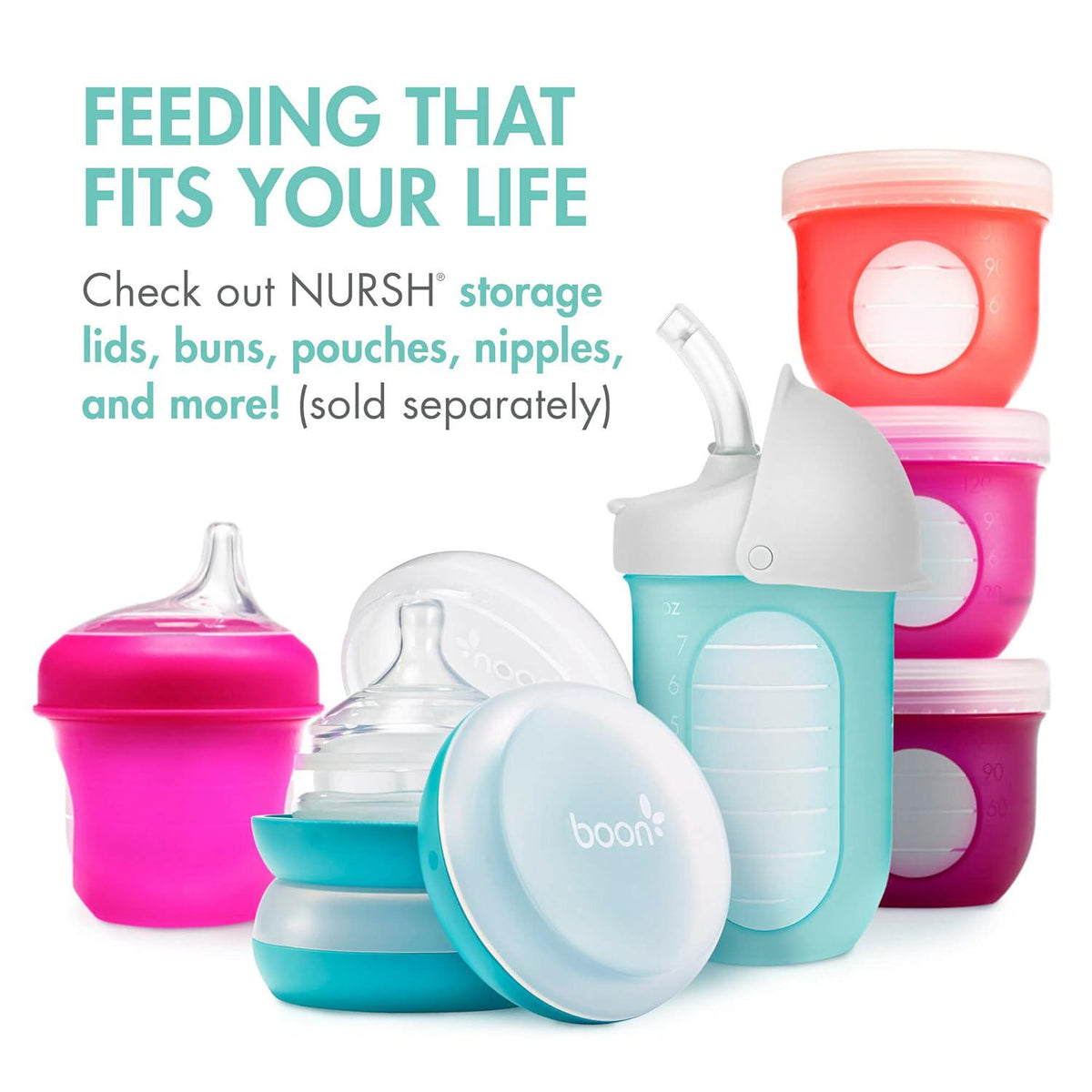 Boon Nursh Reusable Silicone Pouch Baby Bottles - Slow Flow Nipple - Silicone Baby Bottle Pouch And Nipple - Baby Feeding Essentials - Mint - 0-3 Months - 3 Count - 4 Ounce,