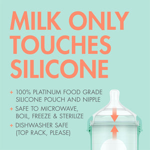 Boon Nursh Reusable Silicone Pouch Baby Bottles - Slow Flow Nipple - Silicone Baby Bottle Pouch And Nipple - Baby Feeding Essentials - Mint - 0-3 Months - 3 Count - 4 Ounce,
