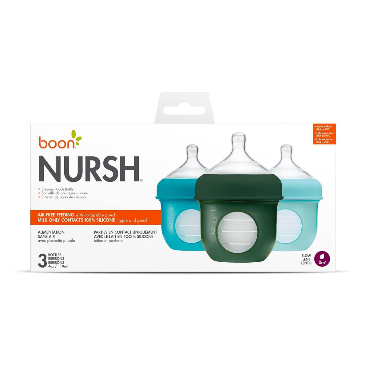 Boon Nursh Reusable Silicone Pouch Baby Bottles - Slow Flow Nipple - Silicone Baby Bottle Pouch And Nipple - Baby Feeding Essentials - Blue - 0-3 Months - 3 Count - 4 Ounce,