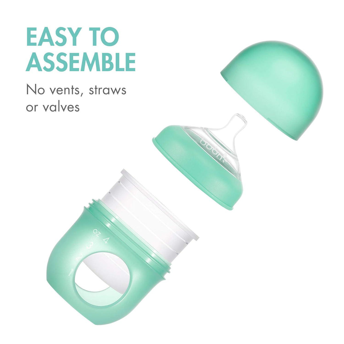Boon Nursh Reusable Silicone Pouch Baby Bottles - Slow Flow Nipple - Silicone Baby Bottle Pouch And Nipple - Baby Feeding Essentials - Mint - 0-3 Months - 3 Count - 4 Ounce,