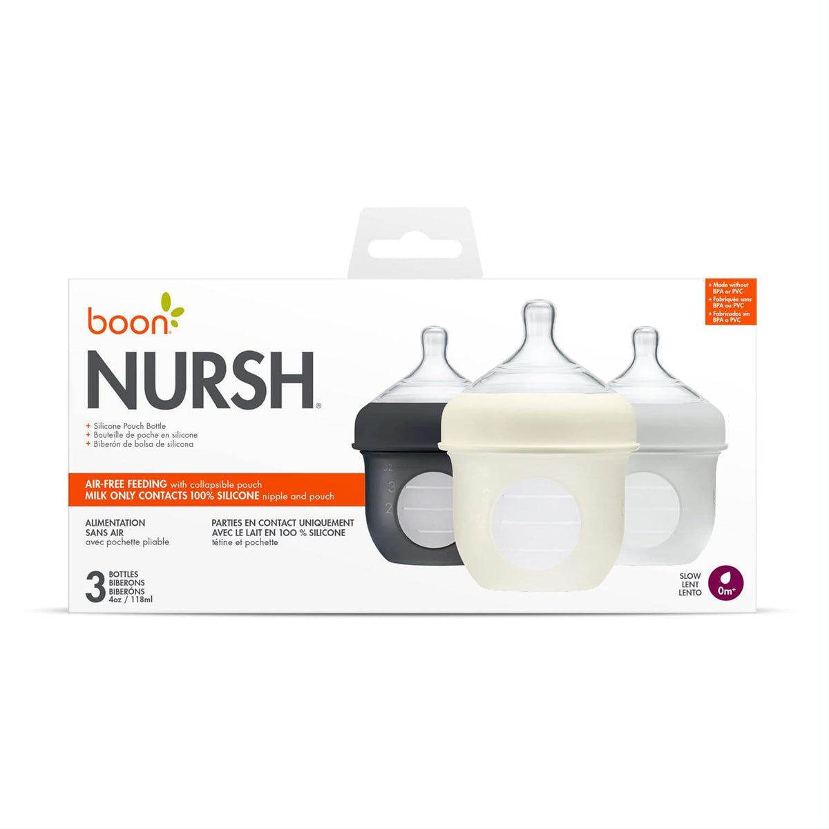 Boon Nursh Reusable Silicone Pouch Baby Bottles - Slow Flow Nipple - Silicone Baby Bottle Pouch And Nipple - Baby Feeding Essentials - Gray - 0-3 Months - 3 Count - 4 Ounce,