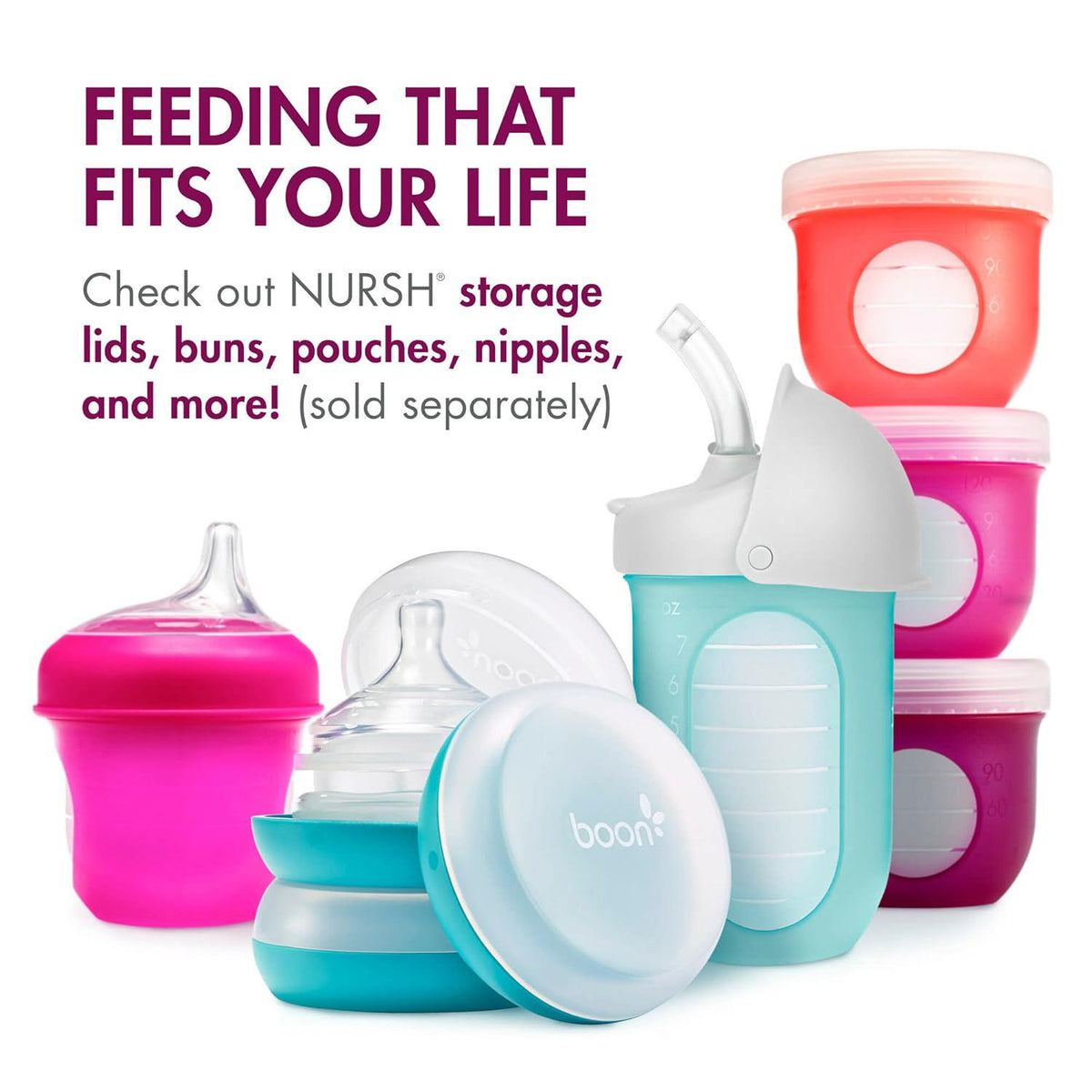 Boon Nursh Reusable Silicone Pouch Baby Bottles - Slow Flow Nipple - Silicone Baby Bottle Pouch And Nipple - Baby Feeding Essentials - Pink - 0-3 Months - 3 Count - 4 Ounce,