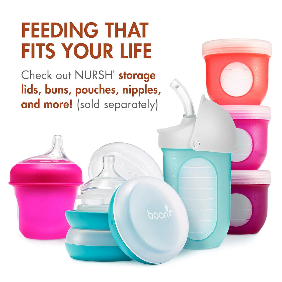 Boon Nursh Reusable Silicone Pouch Baby Bottles - Medium Flow Nipple - Silicone Baby Bottle Pouch And Nipple - Baby Feeding Essentials - Speckle - 3-6 Months - 3 Count - 8 Ounce,