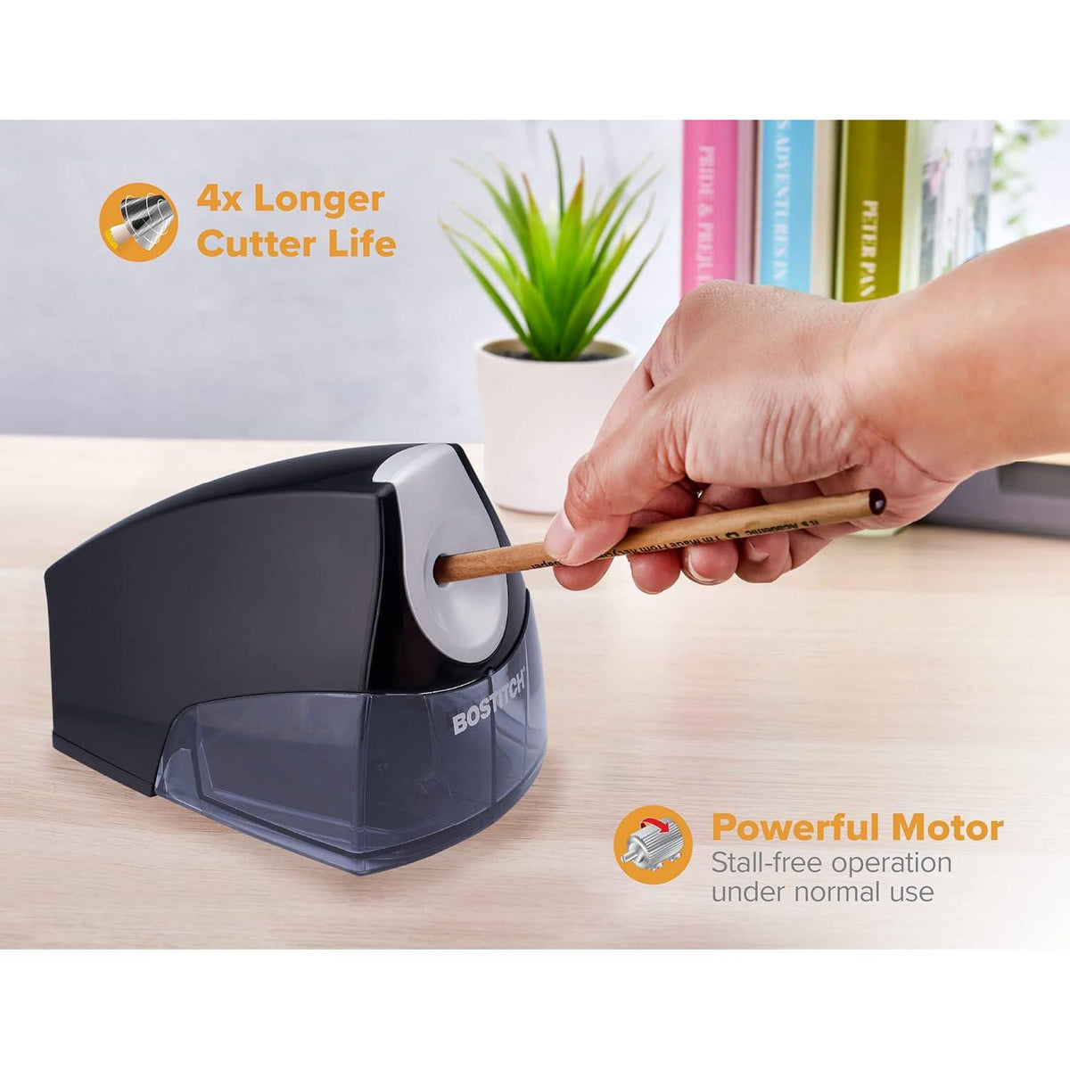 Bostitch Office Personal Electric Pencil Sharpener, Powerful Stall-Free Motor, High Capacity Shavings Tray, 7yr Warranty,Black,