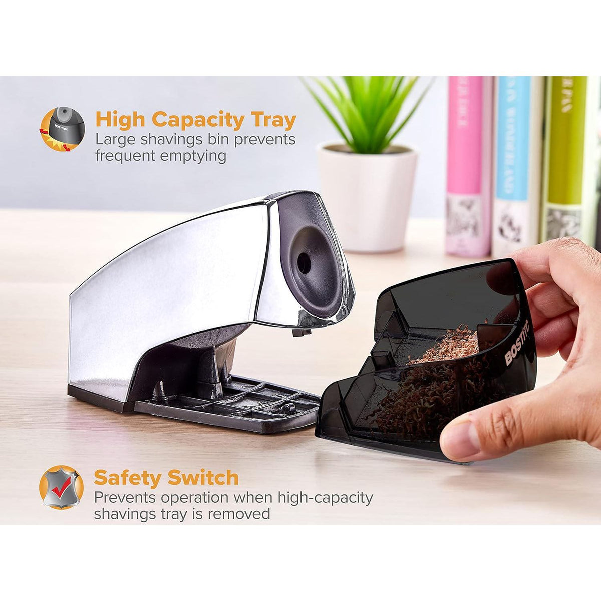 Bostitch Office Personal Electric Pencil Sharpener, Powerful Stall-Free Motor, High Capacity Shavings Tray, 7yr Warranty, Chrome Metallic,